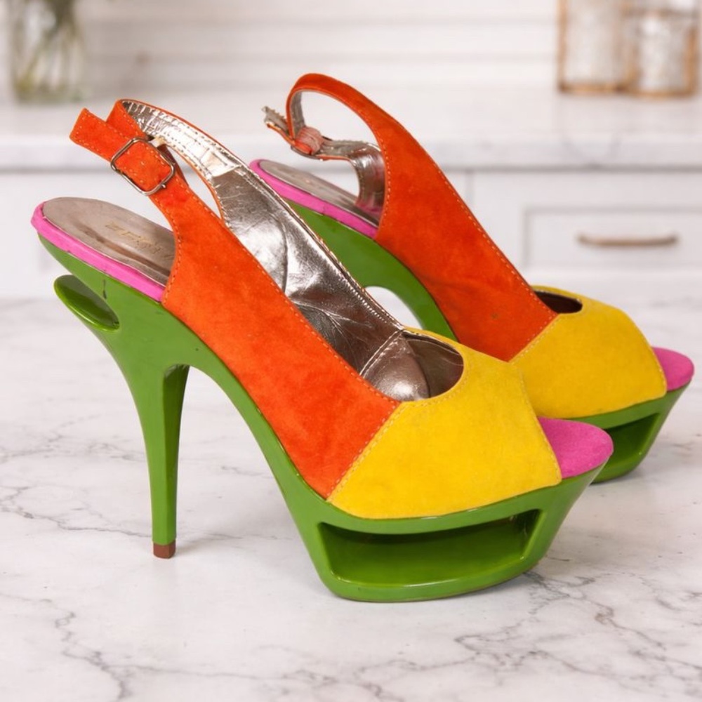 Unique Color Blocked Platform Slingback Heels w/ Cutouts
